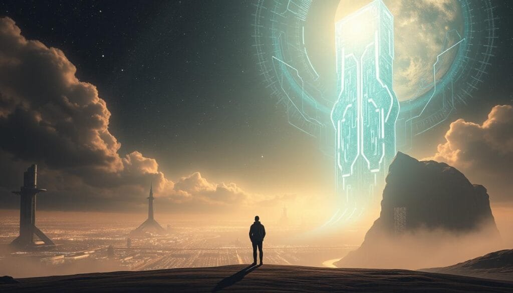 A vast, sweeping landscape where humanity stands in awe of the immense, towering presence of artificial intelligence. In the foreground, a lone figure gazes upward, captivated by the glowing, ethereal form of an AI entity, its intelligent algorithms and processing power radiating an otherworldly energy. The background is a blend of futuristic cityscapes, gleaming technological infrastructure, and the vast, unknowable expanse of the cosmos, hinting at the profound impact of this transformative technology on the course of human civilization. The scene is bathed in a soft, ethereal light, conveying a sense of wonder, contemplation, and the profound implications of the symbiotic relationship between humanity and artificial intelligence.