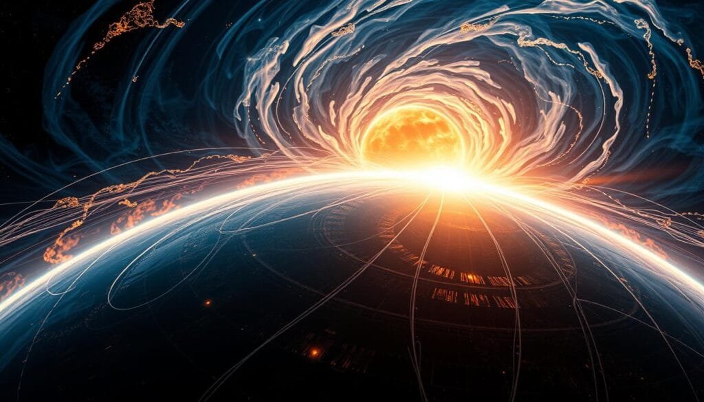 A vast, swirling solar storm rages in the background, its tendrils of charged plasma lashing out towards Earth. In the foreground, the planet's magnetic field, usually a protective shield, appears to be weakening, its intricate lines of force flickering and dimming. The scene conveys a sense of vulnerability, as if the Earth is exposed to the full fury of the sun's wrath without its magnetic safeguard. The lighting is dramatic, with bursts of golden light piercing through the swirling, indigo-hued clouds of the solar storm. The camera angle is pulled back, providing a sweeping view of this precarious celestial ballet, highlighting the fragility of our planet's vital magnetic barrier.