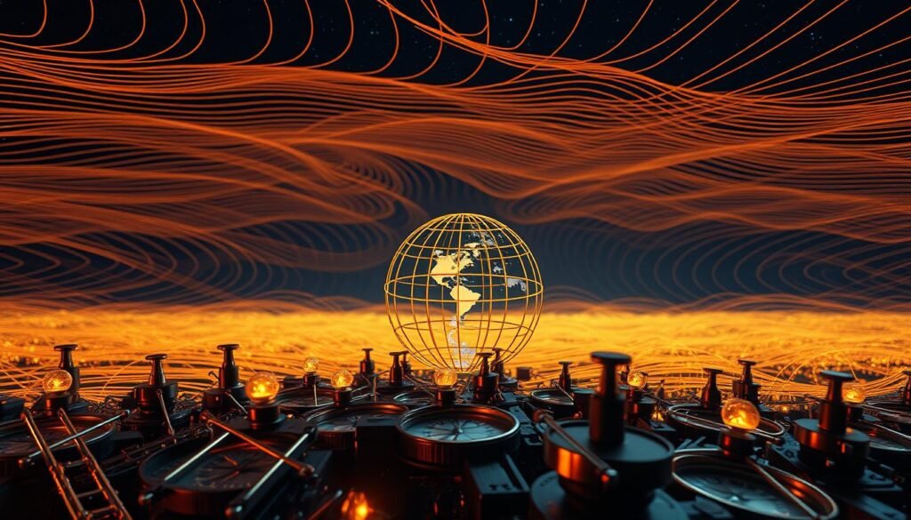 A vast three-dimensional grid of magnetic field lines, undulating and converging across the frame. In the foreground, a cluster of compasses and scientific instruments, their needles pointing in different directions, capturing the complexity of the magnetic landscape. The middle ground features a wireframe globe, its surface marked by latitude and longitude lines, hinting at the global scale of the Earth's magnetic field. The background depicts a starry night sky, underscoring the cosmic forces that shape our planet's magnetism. Warm lighting from the instruments casts a soft glow, creating an atmospheric, contemplative tone suitable for the investigation of this natural phenomenon.