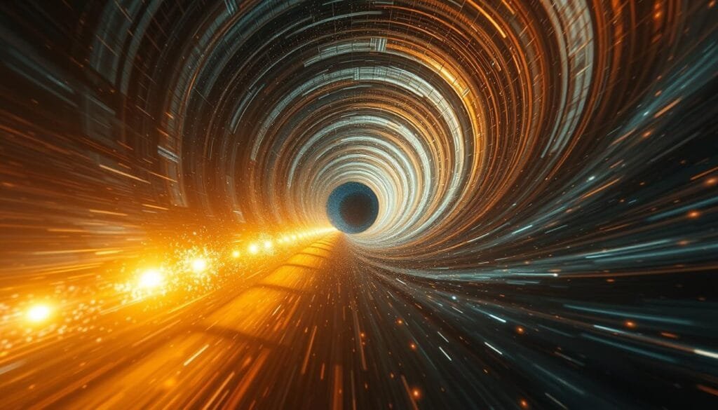 A vast, winding cosmic tunnel stretches into the depths of space, its shimmering walls undulating with the fabric of spacetime. Bright points of light, like stars, flicker and dance along the tunnel's length, hinting at the incredible energies required to harness such a wormhole for temporal displacement. The scene is bathed in an otherworldly glow, a result of the exotic matter and intense gravitational forces at play. Through this mesmerizing gateway, the impossible may become possible - a doorway to the past, present, and future, where the boundaries of time itself are challenged. Capture this scientific marvel with a cinematic, high-resolution rendering, using a wide-angle lens to convey the scale and grandeur of this theoretical construct.