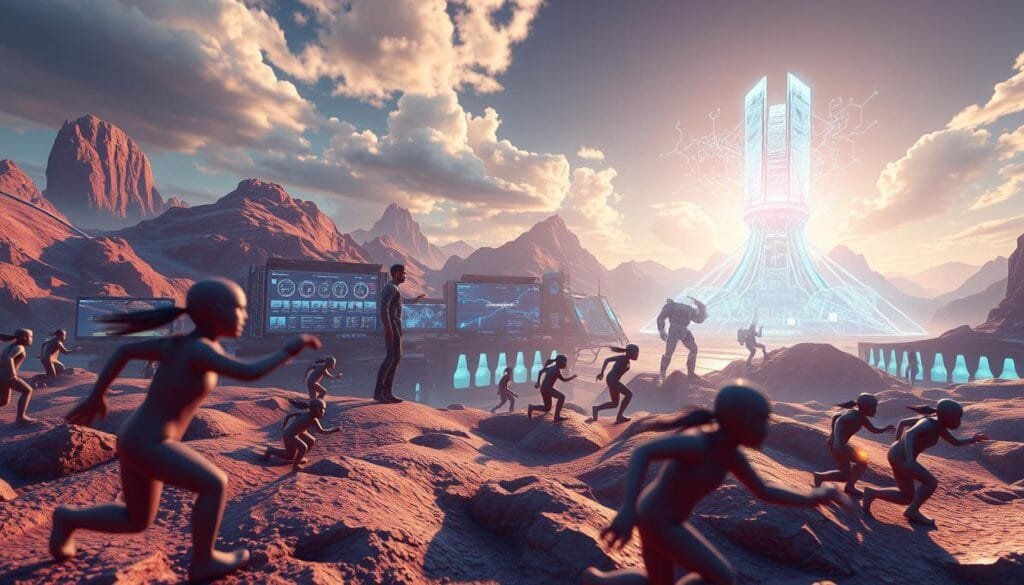 A vibrant 3D landscape showcasing the evolution of visual effects, with a focal point on innovative animation and texturization techniques powered by AI. In the foreground, dynamic CG characters move with lifelike fluidity, their surfaces reflecting a mesmerizing interplay of light and shadow. The middle ground features a sprawling digital studio, brimming with cutting-edge workstations and state-of-the-art rendering hardware. In the background, a towering holographic display illuminates the scene, visualizing the intricate algorithms that drive the latest advancements in computer-generated imagery. The overall atmosphere is one of technological wonder and artistic mastery, capturing the essence of the "Innovaciones en Animación y Texturización" section.