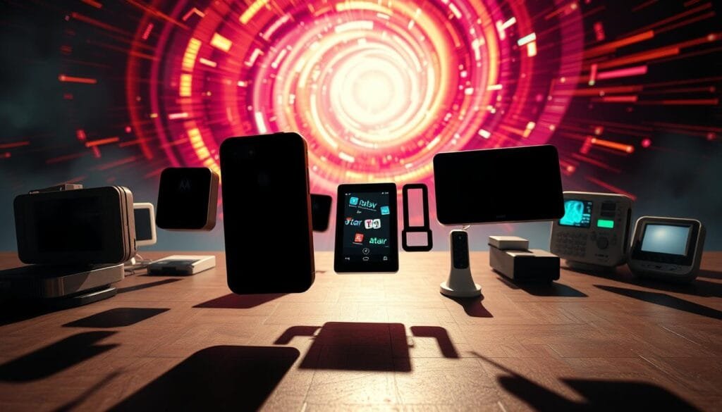 A vibrant and dynamic composition showcasing the pioneering technology of iconic brands. In the foreground, sleek and futuristic devices from Motorola, Atari, and other innovators float weightlessly, their forms casting captivating shadows. The middle ground features a montage of breakthrough moments, from the first mobile phone call to the dawn of personal computing. In the background, a swirling vortex of digital energy pulses with inspiration, hinting at the boundless potential of these trailblazing technologies. Dramatic lighting casts a dramatic, almost cinematic atmosphere, while a cinematic camera angle lends a sense of grandeur and significance to the scene. The overall impression is one of awe, innovation, and the transformative power of pioneering technology.