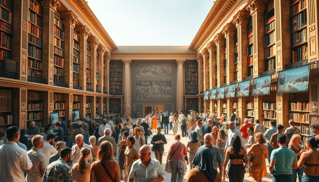 A vibrant and dynamic juxtaposition of ancient and modern cultural exchange. In the foreground, scholars and intellectuals from diverse backgrounds engage in lively discourse, surrounded by towering bookshelves and ornate architectural details that evoke the grandeur of the ancient Library of Alexandria. The middle ground features a blend of traditional and contemporary art forms, with tapestries, sculptures, and digital displays showcasing the synthesis of Greek and other global influences. The background opens to a vast, sunlit atrium, where visitors from all walks of life mingle, exchanging ideas and experiences, creating a harmonious and enriching cultural tapestry. The lighting is warm and inviting, casting a golden glow that enhances the sense of timelessness and the enduring power of knowledge and understanding.