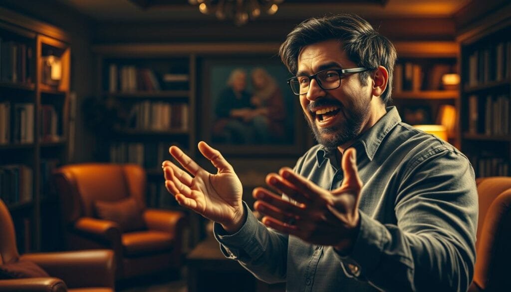 A vibrant and dynamic scene, capturing the essence of storytelling. In the foreground, a captivating orator gesticulates animatedly, their face alight with passion as they weave a compelling narrative. Behind them, a cozy, dimly lit room provides an intimate setting, with plush armchairs and bookshelves lining the walls, hinting at the wealth of stories waiting to be discovered. Soft, warm lighting bathes the scene, creating a sense of atmosphere and inviting the viewer to be drawn into the unfolding tale. The composition is balanced, with the storyteller as the focal point, surrounded by the supportive elements that create the perfect stage for a masterful performance of "cómo contar una buena historia".