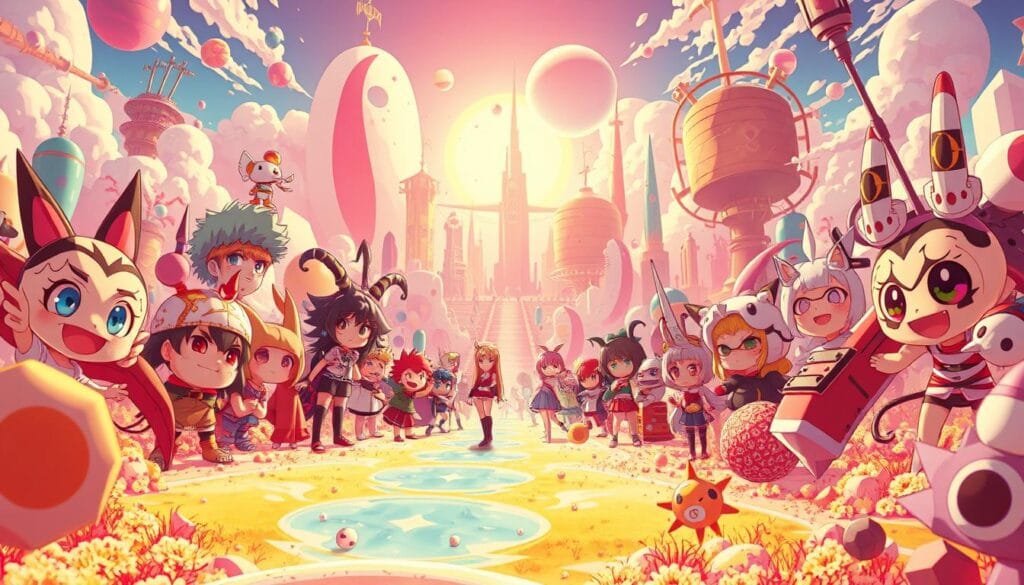 A vibrant and dynamic scene showcasing a new era of anime exploration. In the foreground, fantastical characters with unique designs and quirky expressions emerge from a kaleidoscope of vivid colors and surreal shapes. The middle ground features a blend of traditional anime aesthetics and cutting-edge, experimental styles, hinting at the evolution of the genre. In the background, a dreamlike landscape with abstract, futuristic elements sets the stage for this visionary exploration of anime's boundless potential. Warm lighting casts an enchanting glow, while a cinematic camera angle captures the sense of wonder and excitement surrounding these "nuevos géneros de anime".