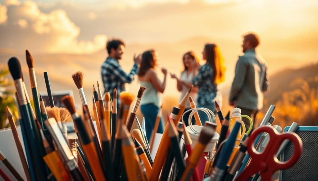 A vibrant and imaginative scene depicting creative techniques and strategies for idea generation. In the foreground, a diverse array of artistic tools and implements - brushes, pencils, scissors, and more - are arranged in a dynamic, almost choreographic manner, hinting at the dynamic process of ideation. The middle ground features a group of people engaged in animated discussions, hands gesturing as they share their innovative ideas. The background is a softly blurred, dreamlike landscape, suggesting the expansive, boundless nature of the creative mind. Warm, golden lighting suffuses the entire composition, imbuing it with an aura of inspiration and possibility. The overall mood is one of excitement, collaboration, and the thrill of the creative journey.