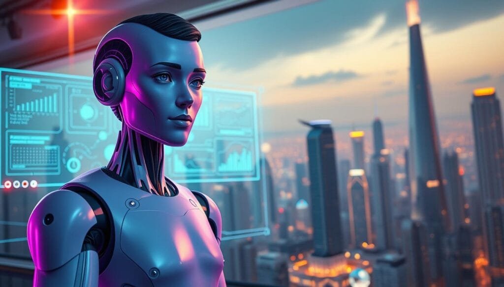 A vibrant and immersive scene depicting the future of artificial intelligence and virtual assistants. In the foreground, a lifelike humanoid AI agent stands ready to assist, its advanced features and natural expressions conveying a sense of intelligence and empathy. Behind it, a sleek holographic interface displays complex data visualizations, hinting at the vast capabilities of this cutting-edge technology. In the background, a cityscape of towering skyscrapers and futuristic architecture shimmers under the warm glow of an advanced lighting system, creating a sense of technological progress and innovation. The scene is bathed in a cool, futuristic color palette, radiating a sense of awe and wonder at the potential of AI to transform the way we live and work.