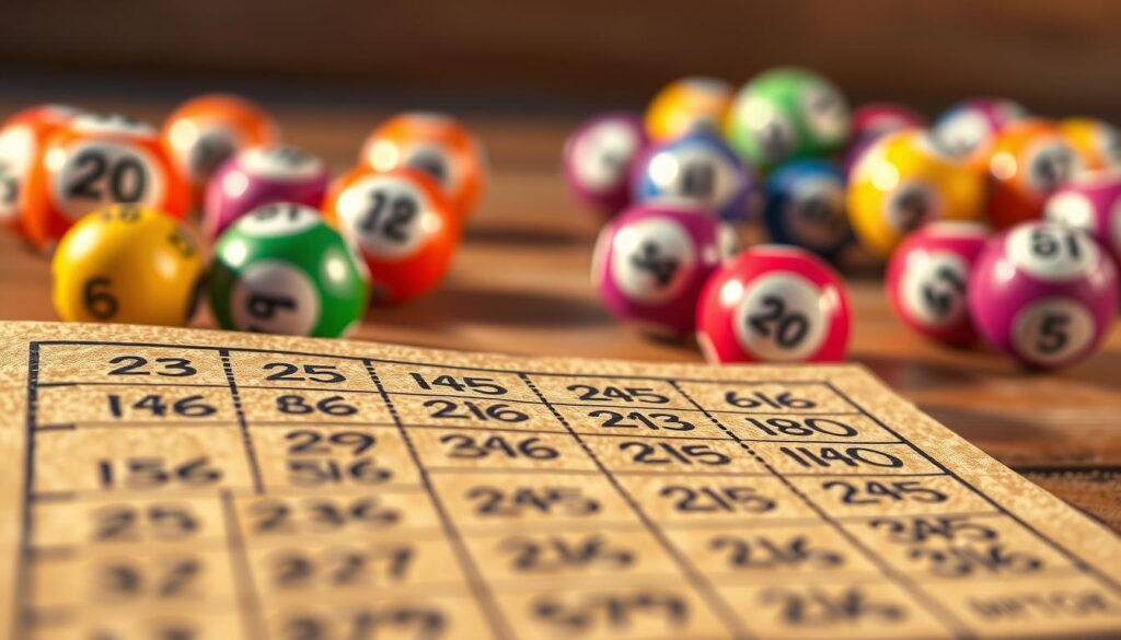 A vibrant and meticulously detailed illustration of lottery number combinations displayed on a wooden lottery ticket. The foreground features a close-up view of the ticket's grid, with handwritten numerals in various colors, evoking the excitement and anticipation of a potential jackpot. The middle ground showcases an array of colorful lottery balls, each with a unique number, floating against a softly blurred background. The lighting is warm and natural, casting gentle shadows that add depth and dimension to the scene. The composition is balanced and visually striking, capturing the essence of the mathematical probability and the allure of the lottery experience.