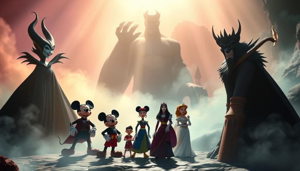 A vibrant, cinematic scene depicting the dynamic relationship between Disney heroes and villains. In the foreground, larger-than-life figures of iconic antagonists - Maleficent, Jafar, Cruella De Vil, Scar, and the Evil Queen - loom ominously, their imposing presence casting long shadows across the scene. In the middle ground, the heroic protagonists - Mickey, Aladdin, Mulan, Simba, and Belle - stand resolute, their expressions a mix of determination and defiance, ready to face the villainous forces arrayed against them. The background is a dreamlike, fantastical landscape, filled with swirling mists, dramatic lighting, and surreal, stylized elements that evoke the magical worlds of Disney. The overall mood is one of high-stakes drama, with a sense of the eternal struggle between good and evil at the heart of the Disney storytelling tradition.
