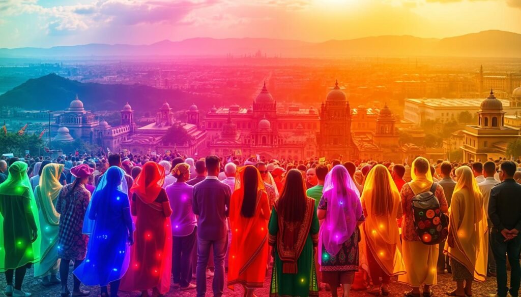 A vibrant cultural landscape, where hues intertwine and emotions become visible. In the foreground, a diverse group of people stands, each enveloped in a shimmering aura of colors - crimson, azure, emerald, and more - reflecting their unique cultural identities and perspectives. The middle ground features a tapestry of global symbols, patterns, and iconography, woven together in a harmonious display. In the background, a kaleidoscope of architectural styles and landscapes from around the world, bathed in warm, diffused lighting, creating a sense of unity and interconnectedness. The scene conveys a vivid exploration of the nuanced relationships between culture, emotion, and visual representation.