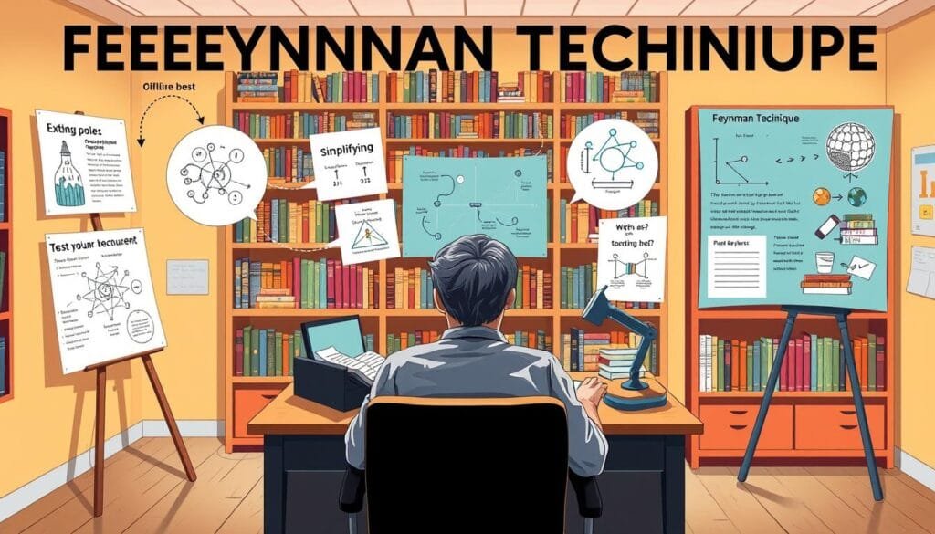 A vibrant, detailed illustration depicting the "Feynman Technique" for rapid learning. In the foreground, a person sits at a desk, deeply engaged in the process of breaking down a complex topic into simple, understandable concepts. Surrounding them, a series of visual aids and diagrams illustrate the key steps of the technique - explaining, simplifying, and testing one's understanding. The middle ground features a bookshelf filled with diverse subjects, hinting at the wide range of knowledge that can be mastered using this method. In the background, a warm, soft-lit environment evokes a sense of focused, productive learning. The overall scene conveys the power and effectiveness of the "Feynman Technique" as a tool for transforming complex ideas into clear, accessible knowledge.