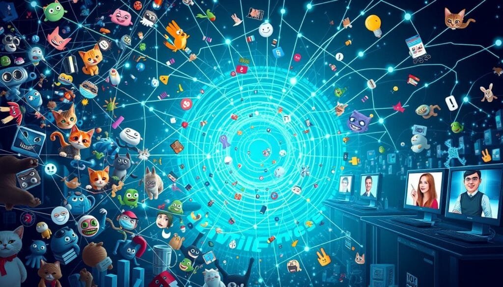 A vibrant digital canvas depicting the evolution of internet memes, showcasing a dynamic progression from early cat-based favorites to the modern era of politically-charged viral content. The foreground features a cascade of iconic meme characters, from Nyan Cat and Grumpy Cat to Pepe the Frog and the Distracted Boyfriend, cascading across the frame. The middle ground reveals a swirling vortex of viral trends, as internet subcultures and emerging online movements shape the ever-changing landscape of meme culture. In the background, a vast network of connections, hashtags, and digital pathways illustrate the interconnected web that allows memes to spread and evolve at breakneck speeds. The scene is illuminated by the glow of computer screens and mobile devices, capturing the idea of a living, breathing digital ecosystem. A sense of dynamism, humor, and social commentary permeates the image, reflecting the rich history and ongoing significance of memes as a powerful mode of contemporary communication and