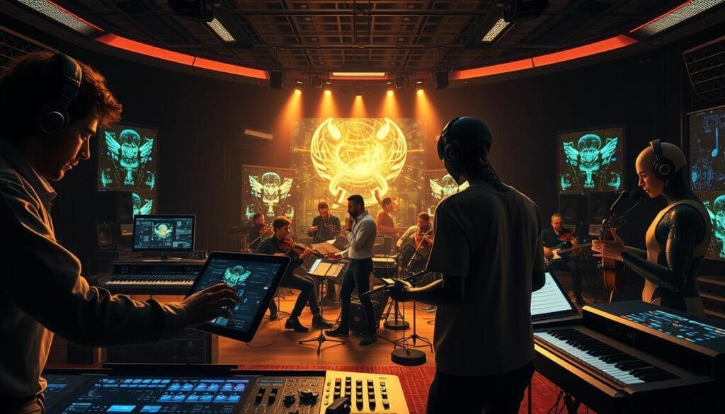 A vibrant, digital collaboration between human musicians and advanced AI systems. In the foreground, a trio of music composers - one human, one AI, one hybrid - crafting a lush, cinematic soundtrack, their hands dancing across virtual instruments. In the middle ground, a diverse ensemble of human and robotic musicians performing the composition, their movements fluid and in perfect sync. The background reveals an immersive, futuristic recording studio, filled with glowing holographic displays and cutting-edge audio technology. Dramatic chiaroscuro lighting casts dramatic shadows, heightening the sense of creative synergy. The overall mood is one of wonder, possibility, and the seamless union of human artistry and machine intelligence.