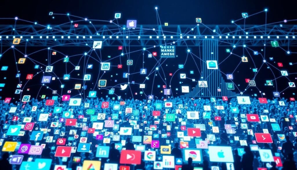 A vibrant digital landscape of interconnected social media platforms, where users engage in a dynamic web of sharing, connecting, and exploring the modern digital experience. In the foreground, a collage of various social media icons and logos, each representing the diverse facets of online social interaction. The middle ground features a tapestry of user-generated content, including images, videos, and messaging, woven together to create a sense of community and real-time communication. In the background, a sleek and minimalist technological infrastructure, hinting at the complex algorithms and data networks that power these social ecosystems. The scene is illuminated by a soft, diffused lighting, conveying a sense of seamless integration between the digital and the physical realms. The overall atmosphere evokes the ubiquity and importance of social media in the contemporary digital landscape.