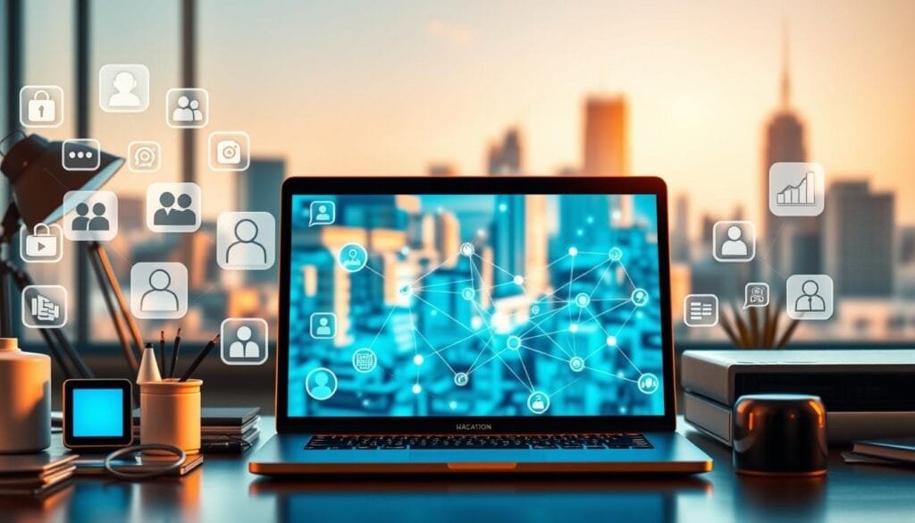 A vibrant digital workspace with a collection of professional networking tools. The foreground showcases a variety of icons and interfaces representing online communication, collaboration, and knowledge-sharing platforms. In the middle ground, a sleek laptop or tablet displays a digital network diagram, highlighting interconnected nodes and data flows. The background features a soft-focus cityscape, alluding to the global, cross-cultural nature of modern professional networking. The scene is bathed in a warm, natural lighting, conveying a sense of productivity, connection, and opportunity. The overall atmosphere is one of digital empowerment and the endless possibilities of expanding one's professional network in the 21st century.