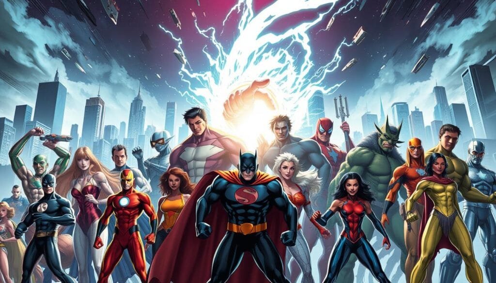 A vibrant, dynamic comic book-inspired scene showcasing a diverse array of superhero character designs. In the foreground, bold, expressive figures strike heroic poses, their costumes and features reflecting a variety of artistic styles - from sleek, minimalist silhouettes to intricate, textured designs. In the middle ground, a dynamic energy field or power effect swirls, casting an otherworldly glow. The background features a futuristic cityscape, with skyscrapers and technological elements blending seamlessly with organic, naturalistic elements. The lighting is dramatic, with high-contrast shadows and highlights, creating a cinematic, larger-than-life atmosphere. The overall mood is one of boundless creativity, innovation, and the boundless potential of the superhero genre.
