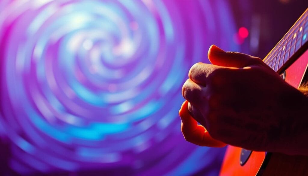 A vibrant, emotional scene of musical expression. In the foreground, a musician's hands gracefully glide across the strings of a guitar, their movements imbued with feeling. Behind them, a swirling, abstract background pulses with hues of blue, purple, and red, conveying the intensity of the musical experience. The lighting is warm and soft, creating a sense of intimacy and connection. The overall atmosphere is one of deep, resonant communication, where the music transcends mere sound and becomes a conduit for the expression of the human spirit.