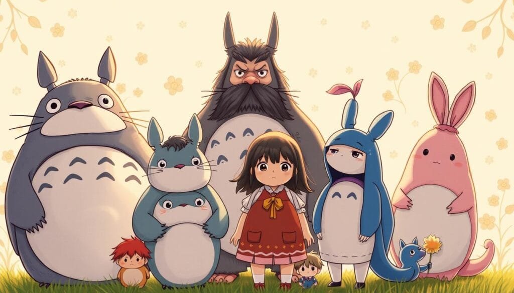 A vibrant ensemble of iconic Studio Ghibli characters, captured in a whimsical, hand-drawn aesthetic. In the foreground, a diverse cast of beloved protagonists - Totoro, Kiki, Howl, Chihiro, and Ponyo - stand united, their expressions reflecting the childlike wonder and emotional depth that defines the studio's creations. The middle ground showcases detailed character designs, with intricate textures and fluid, expressive poses. Soft, warm lighting bathes the scene, evoking the nostalgic, dreamlike quality of the Studio Ghibli universe. In the background, delicate, organic patterns and muted, pastel hues create a sense of enchantment and whimsy, transporting the viewer to the studio's fantastical realms. The overall composition conveys the timeless appeal and universal themes of these iconic animated characters.