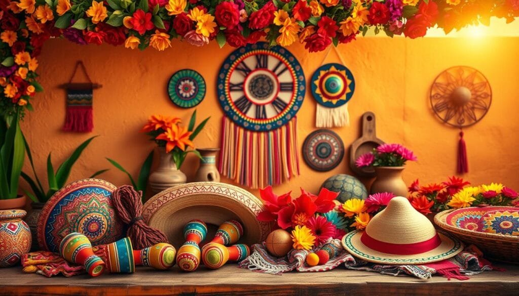 A vibrant fiesta-inspired scene with a lively arrangement of cultural symbols. In the foreground, an array of colorful maracas, sombreros, and handwoven textiles are displayed on a rustic wooden table. In the middle ground, a vibrant floral garland frames the scene, its blooms bursting with vivid reds, oranges, and yellows. The background features a warm, sunset-lit adobe wall, accented with hanging papel picado and a traditional Aztec calendar. Soft, diffused lighting creates an inviting, festive atmosphere, capturing the essence of a captivating "fiesta de curiosidades" celebration.