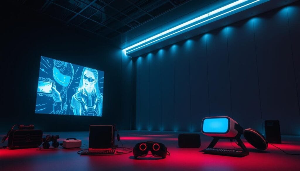 A vibrant, futuristic scene depicting the potential of augmented reality in cinema. In the foreground, a cinematic hologram projection illuminates the dimly lit room, showcasing a captivating sci-fi narrative. The middle ground features various AR-enabled devices and headsets, hinting at the immersive experiences of the future. The background is dominated by a sleek, minimalist architectural design with clean lines and subtle lighting, conveying a sense of technological sophistication. The overall atmosphere is one of wonder, innovation, and the boundless possibilities of blending physical and digital realms in the cinematic arts.