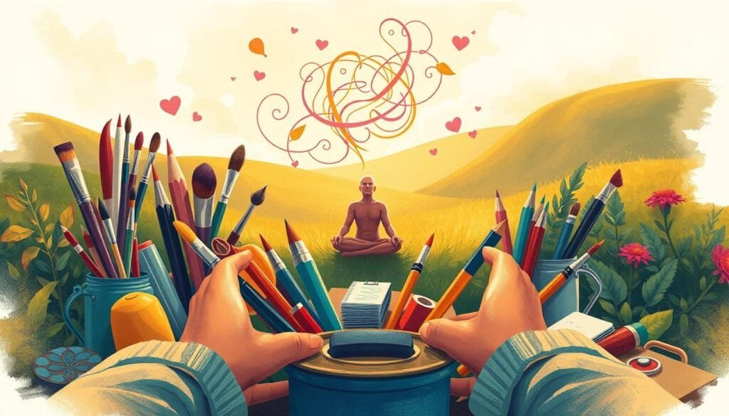 A vibrant illustration showcasing the benefits of creativity in everyday life. In the foreground, a person's hands are thoughtfully curating an array of colorful art supplies - paintbrushes, pencils, sketchpads, and more. The middle ground features a meditative figure deep in contemplation, surrounded by swirling, abstract shapes and forms that symbolize the flow of creative ideas. In the background, a lush, verdant landscape with a warm, golden glow radiates a sense of tranquility and inspiration. The overall scene conveys the joy, mindfulness, and personal growth that can come from embracing one's creative potential. Subtle lighting and a dreamy, impressionistic style enhance the sense of wonder and possibility.