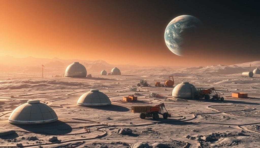 A vibrant lunar landscape, with a thriving human settlement in the foreground. The colony's sleek, domed habitats are bathed in warm, diffused lighting, reflecting off the silvery regolith. In the middle ground, robotic harvesters and construction vehicles busily tend to the colony's infrastructure, extracting resources from the lunar surface. In the distance, the Earth hangs majestically, its blue oceans and swirling clouds a stark contrast to the desolate grey of the Moon. The scene conveys a sense of progress, innovation, and the immense potential of human ingenuity to transform the lunar environment into a hospitable, self-sustaining outpost for scientific exploration and economic development.