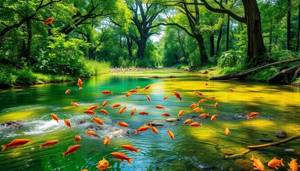 A vibrant, lush freshwater ecosystem teeming with diverse life. In the foreground, a crystal-clear stream winds through verdant banks, its surface reflecting the dappled sunlight filtering through the canopy of overhanging trees. Schools of vibrant fish dart between submerged logs and aquatic plants. In the middle ground, a verdant wetland is alive with birds, frogs, and other amphibious creatures, their calls echoing through the serene scene. Towering trees line the banks, their branches reaching skyward, creating a cathedral-like atmosphere. The overall mood is one of tranquility and abundance, showcasing the rich diversity of freshwater habitats.