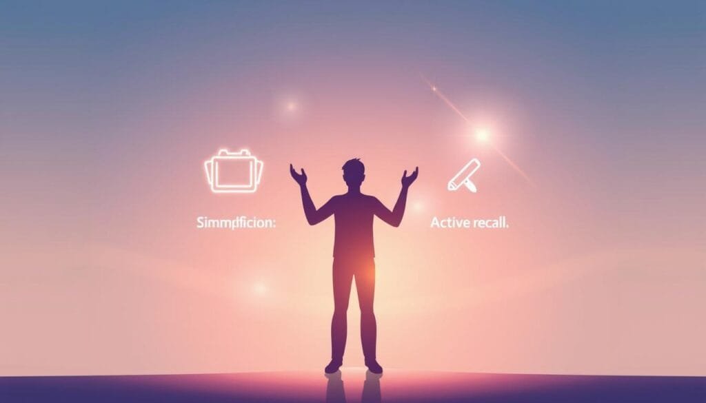 A vibrant, minimalist illustration showcasing the key benefits of the Feynman Technique. In the foreground, a human figure stands confidently, hands raised in a gesture of understanding. Behind them, three glowing icons representing the core principles - simplification, active recall, and explanation - float in a clean, airy composition. The background features a soft, gradient-filled sky, with subtle lens flare effects adding depth and a sense of enlightenment. The lighting is soft and diffused, creating a serene, contemplative atmosphere that invites the viewer to engage with the subject matter. The overall aesthetic is modern, sleek, and visually compelling, perfectly suited to illustrate the advantages of this powerful learning method.