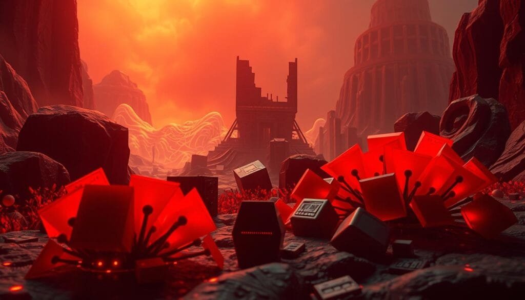 A vibrant, primitive digital landscape of abstract shapes and glowing hues. In the foreground, a cluster of bold, geometric forms in shades of deep crimson, pulsing with an otherworldly energy. The middle ground features a dreamlike interplay of angular structures and flowing, luminous patterns, suggesting a bygone era of computing. The background is suffused with a warm, ambient glow, creating a sense of timelessness and mystique. Dramatic lighting casts dramatic shadows, enhancing the primitive, almost mystical atmosphere. Captured through a wide-angle lens, the composition has a sweeping, cinematic quality, inviting the viewer to explore this strange, primordial digital realm.