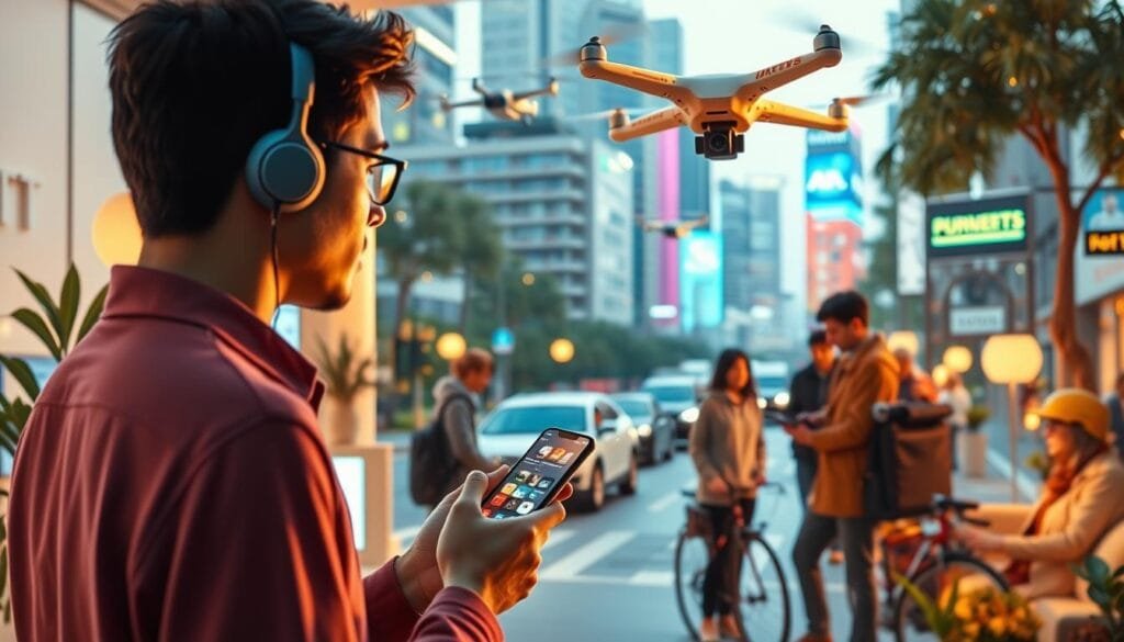 A vibrant, realistic scene depicting various AI-powered applications integrated seamlessly into everyday life. In the foreground, a person interacts with a virtual assistant through voice commands, controlling smart home devices and accessing digital services. The middle ground showcases a group of people utilizing AI-powered tools for productivity, entertainment, and personal organization. In the background, autonomous vehicles, drone deliveries, and other futuristic technologies operate harmoniously, creating an immersive and technologically advanced urban environment. The lighting is natural and ambient, conveying a sense of balance and integration between technology and human life. The overall atmosphere is one of efficiency, convenience, and the seamless integration of AI into the fabric of daily existence.