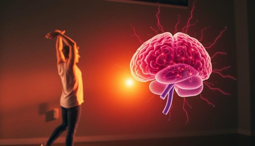 A vibrant scene depicting the impact of exercise on brain function. In the foreground, a person performs dynamic stretches, their muscles engaged in fluid motion. In the middle ground, a detailed cross-section of the brain reveals increased blood flow and neural activity, visualized through intricate, pulsing networks of neurons. The background features a soft, warm lighting that creates a sense of focus and mental clarity. The overall atmosphere conveys the synergistic relationship between physical and cognitive wellbeing, highlighting the powerful benefits of an active lifestyle on mental agility and problem-solving abilities.