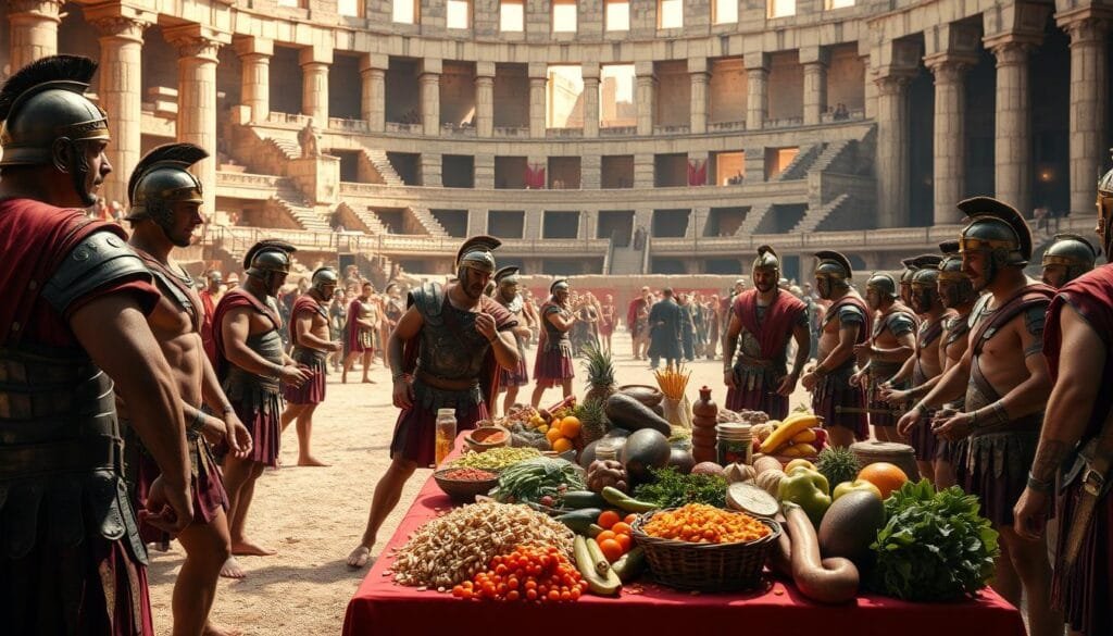 A vibrant scene of Roman gladiators in a well-lit, expansive arena. In the foreground, muscular figures in intricate leather and metal armor engage in intense training exercises, their bodies glistening with sweat. In the middle ground, a table laden with a diverse array of fresh produce, grains, and meats, reflecting the nutritious diet that fueled these elite warriors. The background depicts the grand, towering architecture of the Roman Colosseum, its stone columns and arches casting dramatic shadows across the scene. The overall atmosphere conveys the discipline, power, and endurance of these ancient champions.