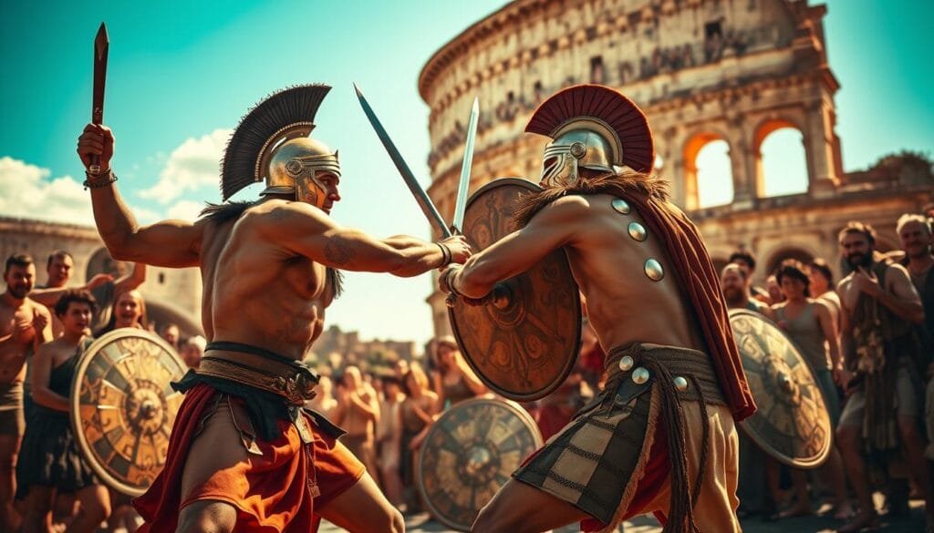 A vibrant scene of ancient Roman gladiators engaging in a spirited sparring session, their muscular bodies glistening with sweat under the warm, golden glow of the midday sun. In the foreground, two warriors clash fiercely, swords and shields clashing in a display of strength and skill. In the middle ground, a group of spectators cheer and applaud, their faces filled with excitement and admiration. In the background, the grand colosseum rises, its towering walls a testament to the glory and power of the Roman empire. The overall atmosphere is one of intense physicality, camaraderie, and a sense of enduring legacy.
