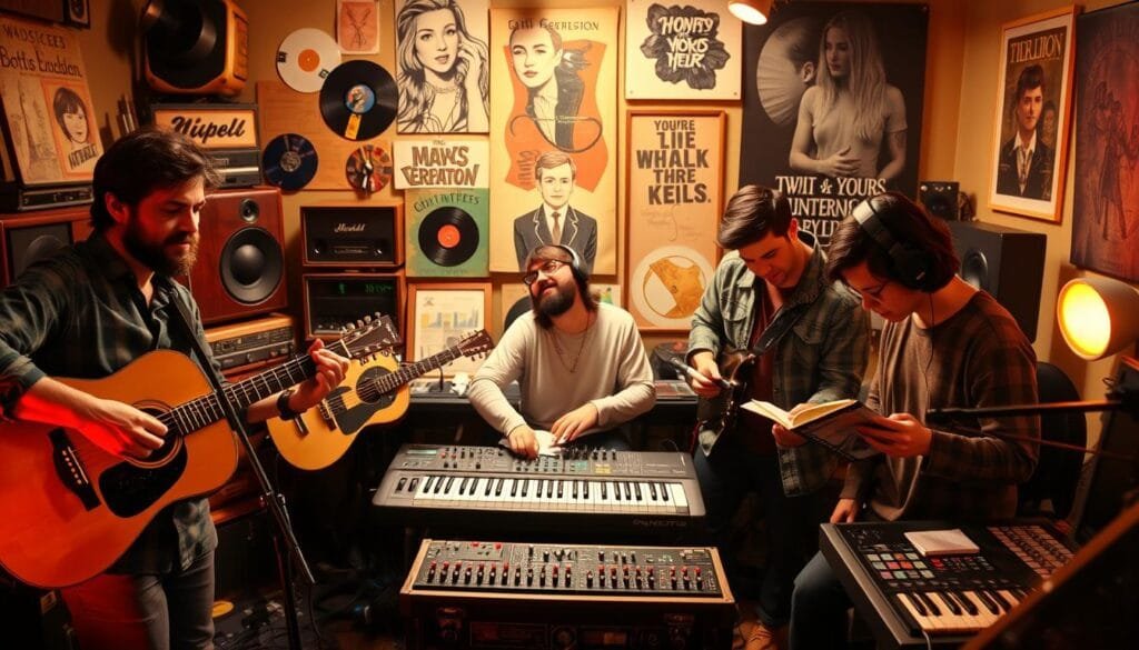 A vibrant scene of musical creators and innovators, illuminated by warm studio lighting. In the foreground, a group of diverse artists - a singer-songwriter strumming an acoustic guitar, a producer adjusting knobs on a synthesizer, and a songwriter jotting down lyrics in a notebook. In the middle ground, a pair of musicians collaborating on a digital audio workstation, their faces alight with creative energy. The background features a collection of vintage music equipment, vinyl records, and inspirational artwork, conveying a sense of the rich legacy and cutting-edge innovation that defines the world of musical creators. An atmosphere of focused determination and collaborative passion pervades the scene.