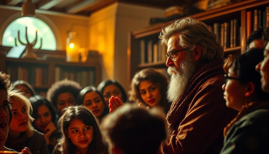 A vibrant scene of storytelling unfolds, with a captivating orator at the center. Warm, diffused lighting illuminates their expressive face and gestures, drawing the audience into a spellbinding narrative. In the foreground, a diverse group of listeners, their rapt attention reflected in their faces, as they are transported by the power of the storyteller's words. The background suggests a cozy, intimate setting, perhaps a library or a quiet corner of a café, creating a sense of timelessness and connection. The overall atmosphere evokes the timeless art of captivating an audience through the magic of storytelling.