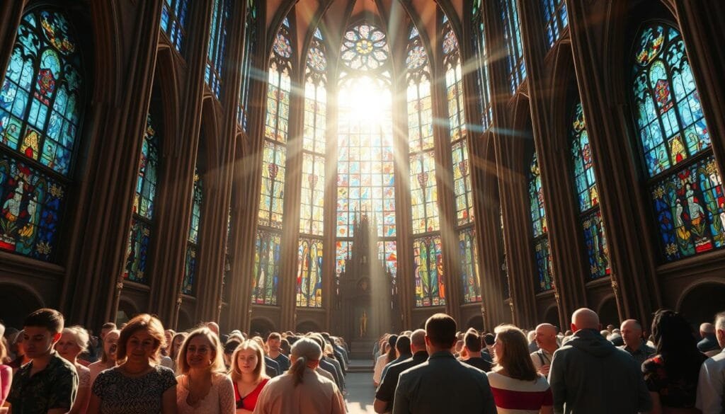 A vibrant stained glass cathedral, its towering Gothic spires reaching towards the heavens, stands in the heart of a bustling American city. Sunlight streams through the kaleidoscopic windows, casting a warm, ethereal glow upon the diverse congregation gathered within. In the foreground, a group of worshippers of various faiths and backgrounds kneel in peaceful contemplation, their faces alight with reverence and understanding. The scene radiates an atmosphere of religious freedom, tolerance, and the celebration of spiritual diversity that has come to define the social and cultural fabric of the United States.