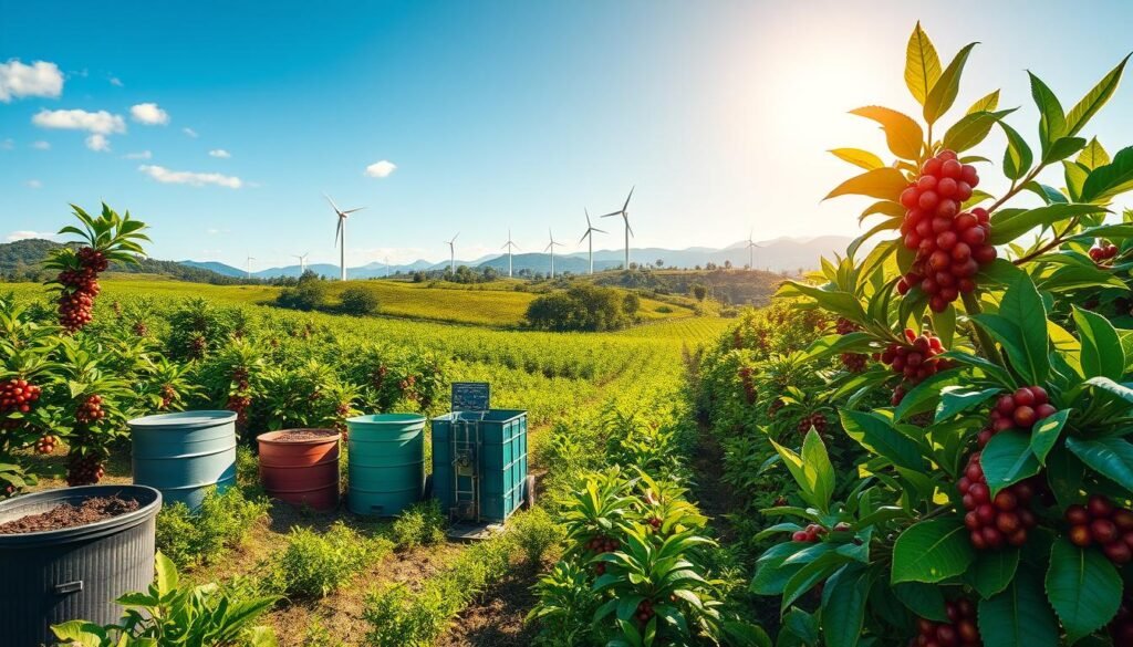 A vibrant, sun-dappled field of flourishing coffee plants, their lush foliage and ripening berries juxtaposed against a backdrop of rolling hills and a clear, azure sky. In the foreground, a diverse array of sustainable agricultural practices are showcased: composting bins, drip irrigation systems, and wind turbines dotting the landscape, all working in harmony to create a self-sustaining, eco-friendly coffee ecosystem. The overall scene exudes a sense of balance, innovation, and a hopeful vision for the future of coffee cultivation - a modern, sustainable oasis that stands in stark contrast to the looming threat of a world without this beloved beverage.
