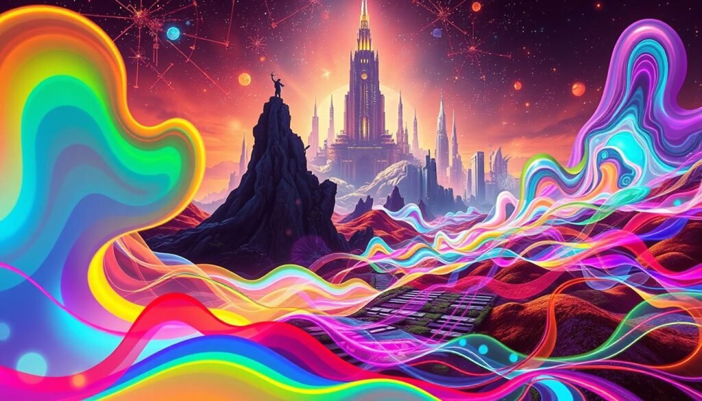 A vibrant, surreal landscape showcasing the intersection of synesthesia, art, and video games. In the foreground, abstract shapes and flowing lines of color intertwine, representing the synesthetic experience of perceiving sounds as colors and textures. The middle ground features a digital artist's workspace, with a tablet and stylus creating dynamic, kaleidoscopic visuals. In the background, a towering, futuristic cityscape emerges, its architecture and lights melding together in a harmonious, synaesthetic symphony. The scene is bathed in a warm, dreamlike lighting, conveying a sense of wonder and imagination. The overall atmosphere is one of immersive, sensory exploration, where the boundaries between perception, art, and technology blur.