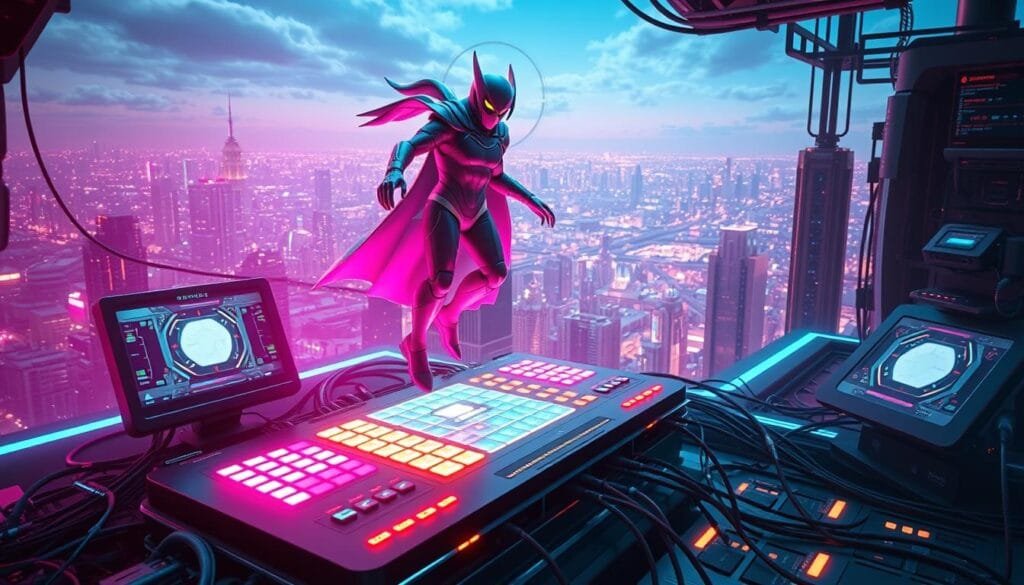 A vibrant, tech-driven scene showcasing dynamic content generation. In the foreground, a futuristic computer console with glowing panels and holographic displays. Floating above, a 3D model of a game character morphs and transforms, its movements fluid and lifelike. Surrounding this, a gleaming array of hardware and cables, evoking the power and complexity of AI-driven tools. In the background, a vast, expansive cityscape stretches out, its skyscrapers and infrastructure hinting at the scale of modern digital innovation. The scene is bathed in a cool, neon-tinged light, creating an atmosphere of cutting-edge technology and limitless creative potential.