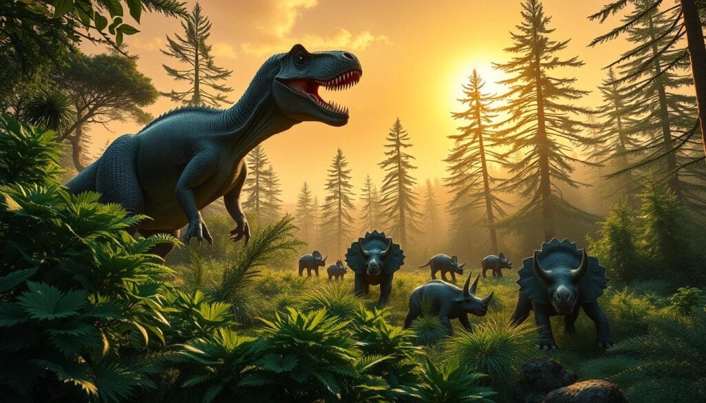 A vibrant, thriving ecosystem where dinosaurs roam freely, untouched by the forces of extinction. In the foreground, a towering Tyrannosaurus Rex stalks through lush, verdant foliage, its powerful jaws open in a fearsome roar. In the middle ground, a herd of Triceratops graze peacefully, their distinctive horns and armored frill creating an imposing silhouette against the sky. In the background, ancient conifers and ferns stretch towards a warm, golden sun, casting long shadows across the landscape. The scene is bathed in a soft, diffused light, creating a sense of timeless tranquility, as if this alternate world has existed undisturbed for eons. An intricate, harmonious balance between predator and prey, flora and fauna, in a captivating vision of a world where dinosaurs never faced extinction.