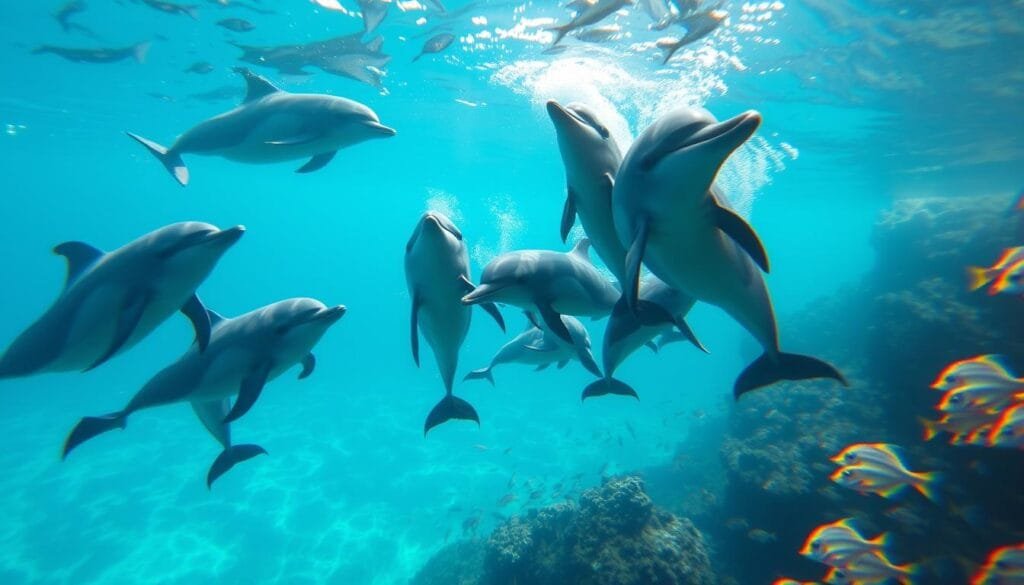 A vibrant underwater scene showcasing the complex "language" of dolphins. In the foreground, a pod of dolphins engaged in intricate, choreographed vocalizations, their bodies undulating gracefully as they communicate. The middle ground reveals the shimmering, turquoise waters, with rays of sunlight filtering through the surface. In the background, a school of smaller fish dart between coral formations, creating a sense of depth and movement. The lighting is soft and natural, casting a warm glow over the aquatic life. The camera angle is positioned slightly below the water's surface, offering an immersive, eye-level perspective that invites the viewer to witness the dolphins' captivating "dialectos."