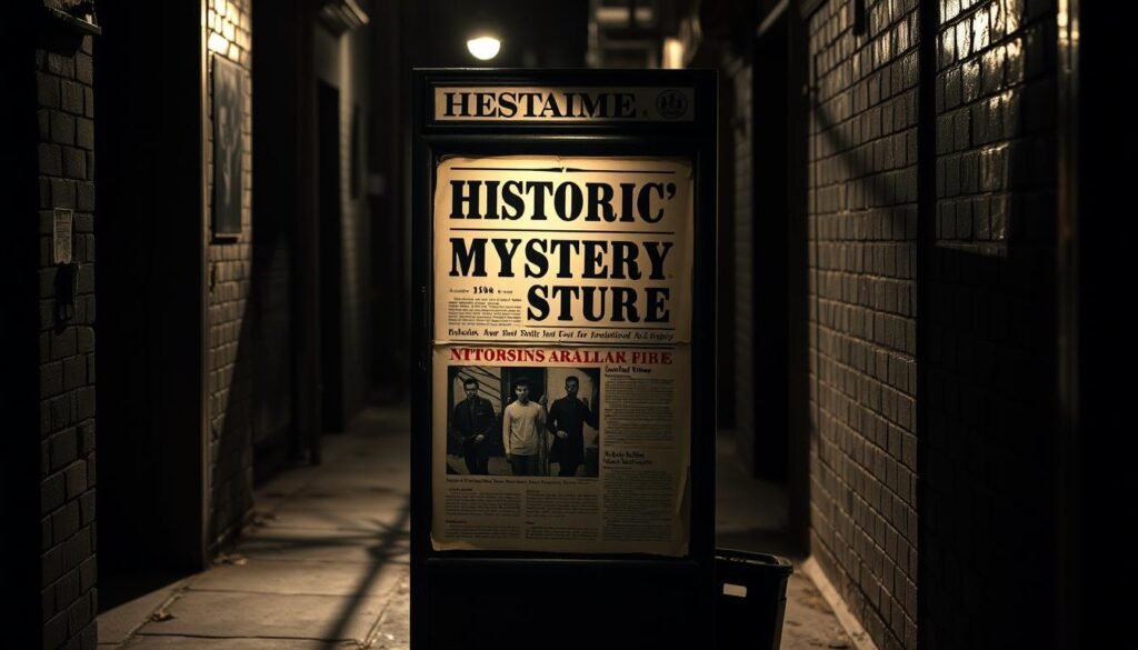 A vintage newspaper stand in a dimly lit alley, casting long shadows under a dramatic chiaroscuro lighting. The newsstand displays a bold, sensationalized headline about a "Historic Mystery" in an eye-catching, dramatic layout. The front page features a grainy, mysterious black-and-white photograph hinting at the unsolved case. The weathered, worn-out stand evokes a sense of the past, while the dramatic lighting and ominous atmosphere heighten the air of mystery surrounding the historical narrative. A moody, noir-inspired scene that captures the essence of the "Antecedents and Evolution of the Mystery" section of the article.