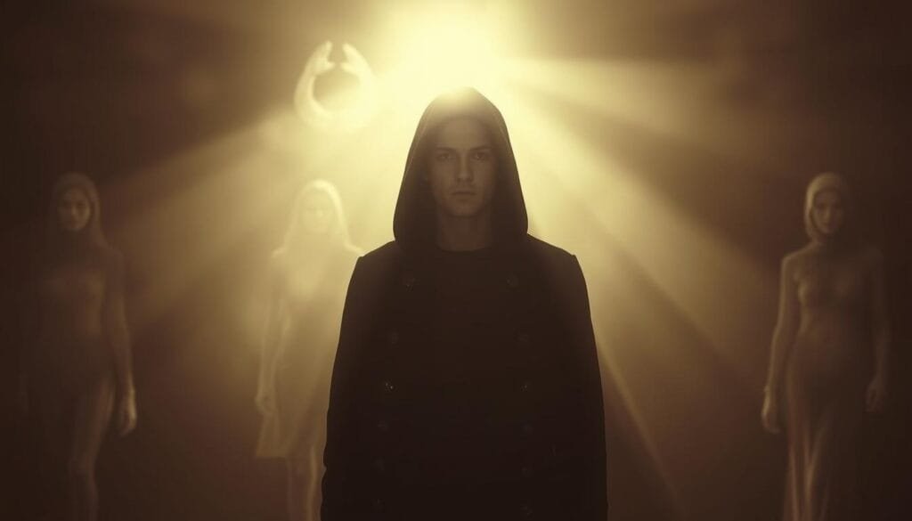 A vintage-style photograph of a mysterious figure standing in a dimly lit, sepia-toned environment, surrounded by the faint outlines of ghostly figures and flickering time distortions. The subject's face is partially obscured, but a pensive, introspective expression can be discerned. The lighting is dramatic, with pools of light and shadow playing across the scene, evoking a sense of the uncanny and the unexplained. The composition is carefully balanced, with the central figure positioned against a backdrop of hazy, indistinct shapes and forms that suggest the passage of time and the blurring of boundaries between past and present.