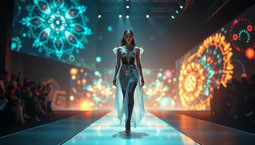 A visually captivating digital fashion evolution, showcasing a seamless fusion of haute couture and cutting-edge technology. In the foreground, a striking model struts down a sleek, futuristic runway, adorned in a dynamic, luminescent ensemble that morphs and shifts with every movement. The middle ground features a holographic display, projecting a mesmerizing kaleidoscope of vibrant colors and abstract patterns, hinting at the limitless possibilities of digital design. The background is a dimly lit, immersive environment, bathed in a soft, ambient glow, creating a sense of awe and wonder. Lighting is cinematic, with dramatic shadows and highlights accentuating the model's features and the technological elements. The overall mood is one of innovation, creativity, and the boundless potential of fashion in the digital age.