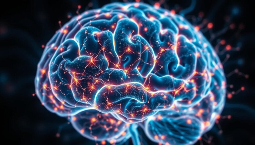 A visually striking close-up view of the human brain, its neurons and synapses in vivid detail, showcasing the dynamic process of neural plasticity and the mechanisms behind echolocation. Intricate patterns of electrical impulses dance across the cerebral cortex, illuminated by a soft, diffused lighting that creates a sense of depth and dimensionality. The image conveys a deep understanding of the neuroscience underlying the potential development of human echolocation, with a captivating, almost ethereal quality that reflects the complexity and wonder of the brain's adaptability.