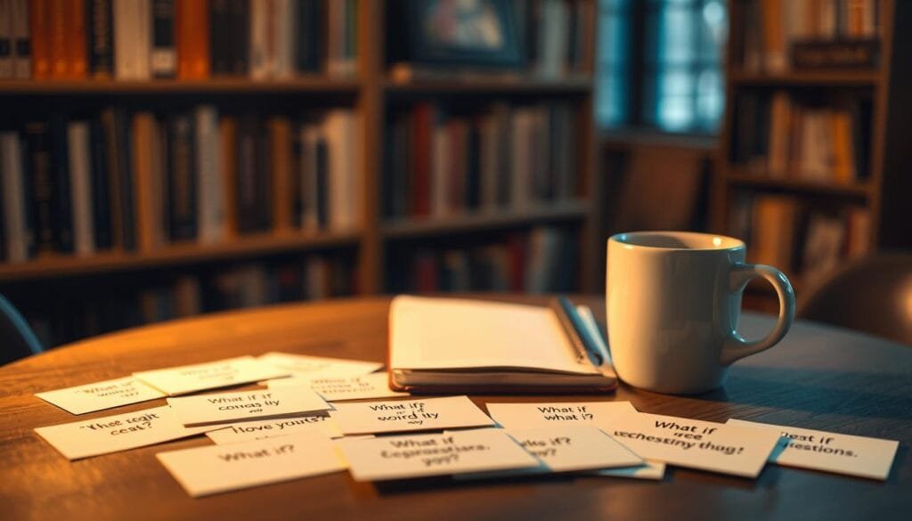 A visually striking image of "definition of icebreaker questions" in a warm, inviting atmosphere. A table with a coffee mug, notebook, and scattered index cards depicting various "what if" scenarios, all illuminated by soft, diffused lighting. The background features blurred bookshelves, suggesting an intimate, intellectual setting. The composition emphasizes the thoughtful, conversational nature of icebreaker questions, creating a sense of curiosity and connection. The overall mood is one of casual introspection, encouraging the viewer to ponder the possibilities of these engaging discussion starters.