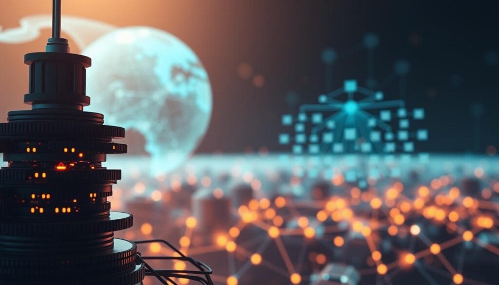A vivid illustration of the TCP/IP and DNS revolution. In the foreground, a detailed depiction of the TCP/IP protocol stack, with its distinctive layers and data encapsulation. In the middle ground, an intricate schematic of the Domain Name System, showcasing its hierarchical structure and resolution process. The background features a softly lit, ethereal network topology, hinting at the global interconnectivity enabled by these foundational internet technologies. The overall mood is one of technological progress and innovation, capturing the essence of the 19th-century internet revolution.