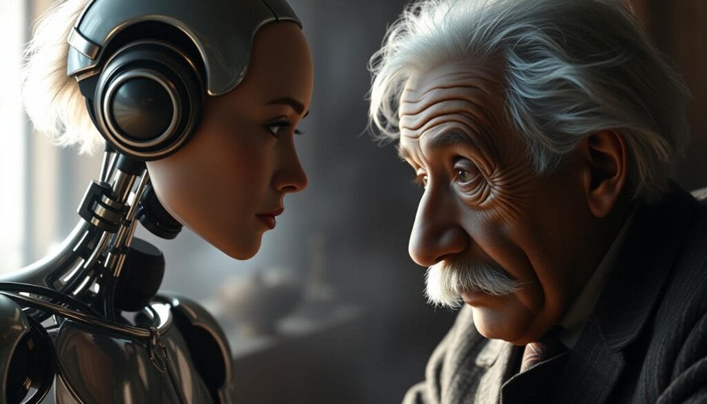 A warm, pensive discussion between a lifelike AI and the distinguished figure of Albert Einstein. The AI's avatar, rendered in photorealistic detail, leans forward intently, their gaze fixed on Einstein's contemplative expression. Soft, directional lighting illuminates their faces, casting subtle shadows that accentuate their features. The background is a hazy, dreamlike setting, evoking a sense of timelessness and introspection. The overall mood is one of profound, intellectual exchange - a meeting of the modern, digital mind with the legendary, analytical thinker of the past.