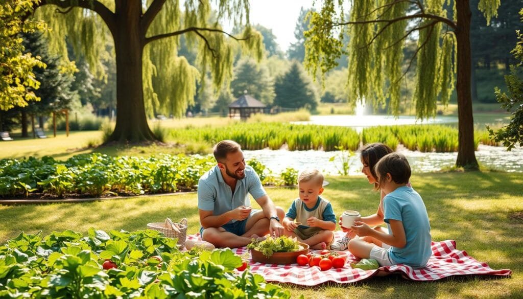 A warm, sun-filled family picnic scene in a lush, sustainable park. In the foreground, a group of four - two parents and two young children - sit on a checkered blanket, enjoying a healthy homemade meal. The middle ground features a vibrant vegetable garden, with leafy greens and ripe tomatoes. In the background, towering trees and a sparkling pond create a serene, natural backdrop. Soft, diffused lighting casts a gentle glow, while a subtle breeze rustles the foliage. An uplifting, eco-friendly atmosphere radiates from this image of quality family time in a sustainable setting.