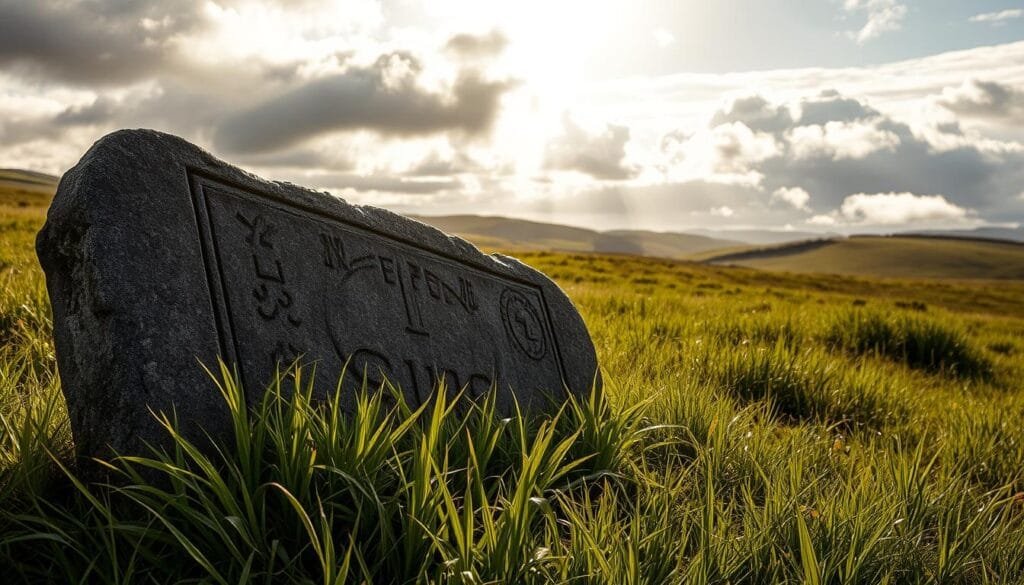 A weathered and ancient stone slab rests upon a lush, verdant field, partially obscured by tall grasses. The slab is adorned with intricate carvings and symbols, hinting at the rich history and mythos it represents. Sunlight filters through wispy clouds, casting a warm, golden glow over the scene, evoking a sense of timelessness and mystery. In the distance, rolling hills and a cloudy horizon frame the tableau, suggesting the vastness of the landscape and the enduring legacy of the legendary King Arthur.